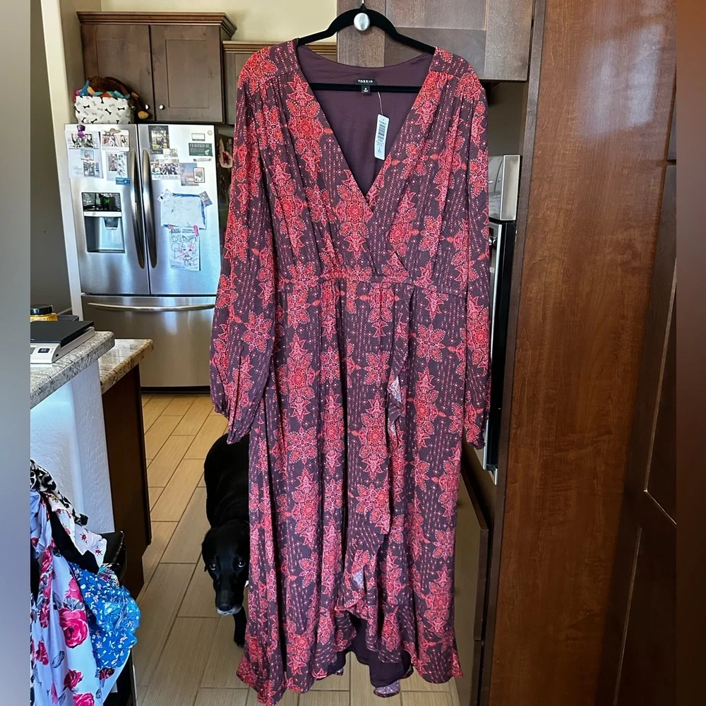 TORRID MIDI WASHABLE GAUZE RUFFLE SURPLICE NECK EMPIRE WAISTE DRESS WITH POCKETS - Picture 6 of 9